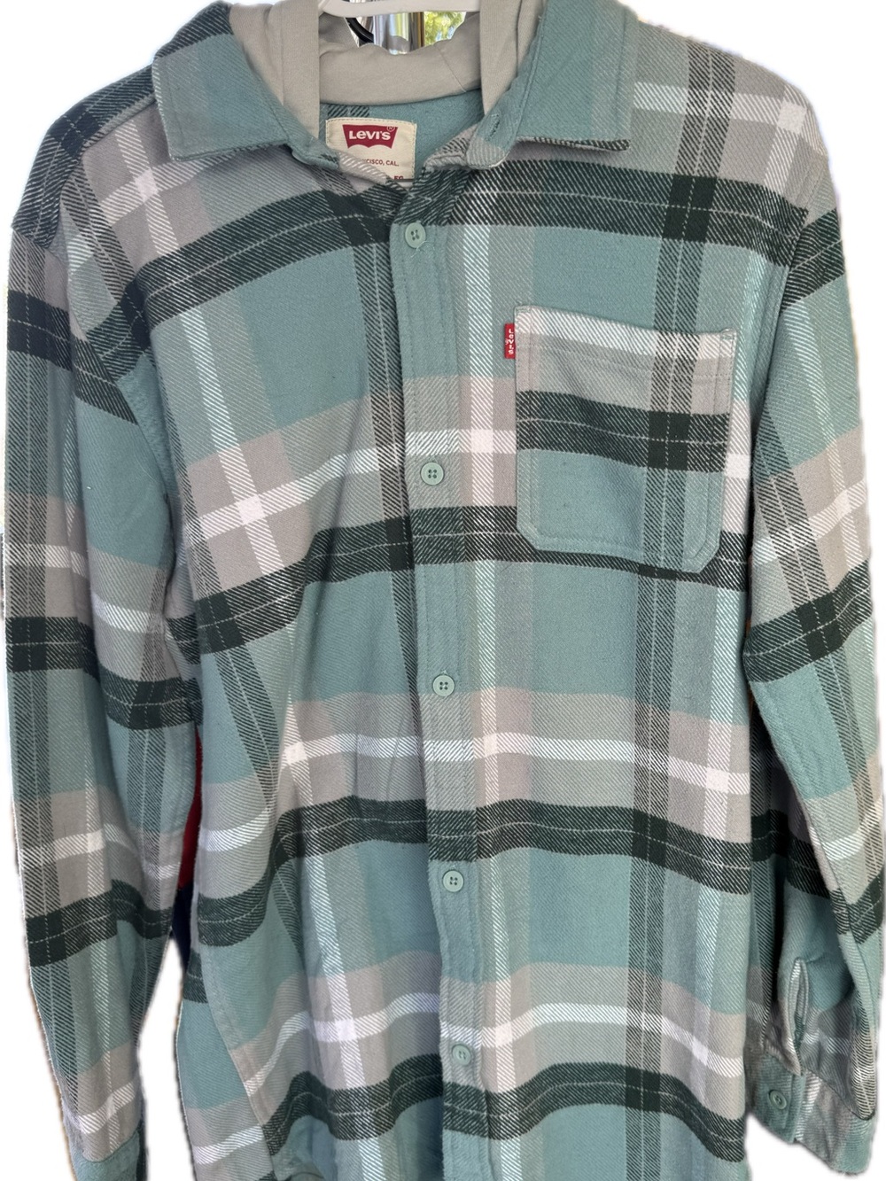 NWT Levi's Boys XL 13-15 Hooded Plaid Flannel Shirt Mint Green Button Up